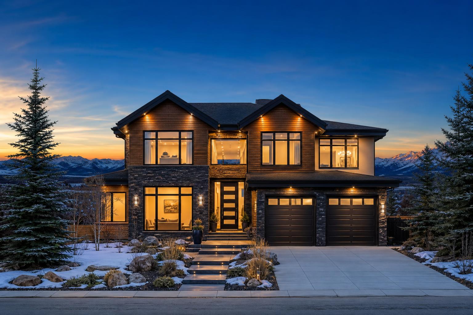 Modern Calgary custom home built by Salai General Contracting at dusk